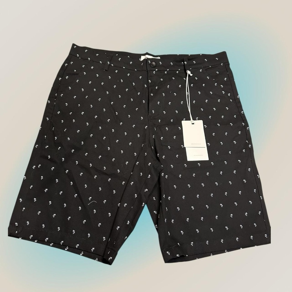 Men's Black Patterned Flat Front Shorts